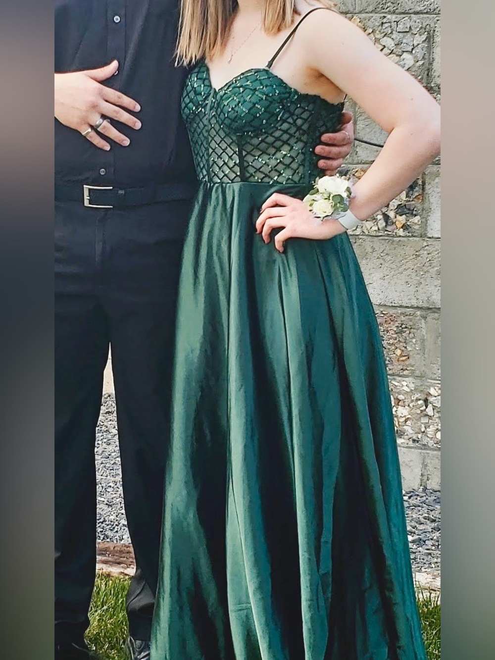 Windsor Dark Green Satin Prom Gown with Beaded Lattice Bodice - Picture 2 of 12